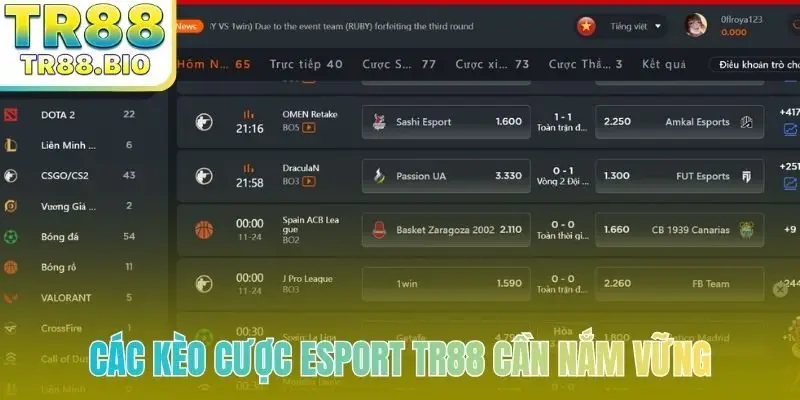 Các kèo cược Esport TR88 cần nắm vững